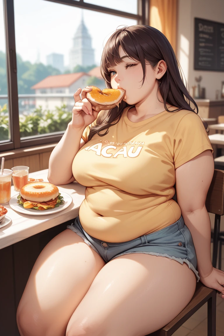 Pregnant women in bikinis eat sandwiches and salads, super realistic food picture, realistic bikini, her belly is fat and round, Pregnant belly, hyperrealistic full figure, photorealistic perfect body, she has a jiggly fat round belly, eating outside, belly exposed, ultra-realistic picture, hyper-realistic illustration, Ultra-Realistic Illustrations, photorealistic illustration, Big belly