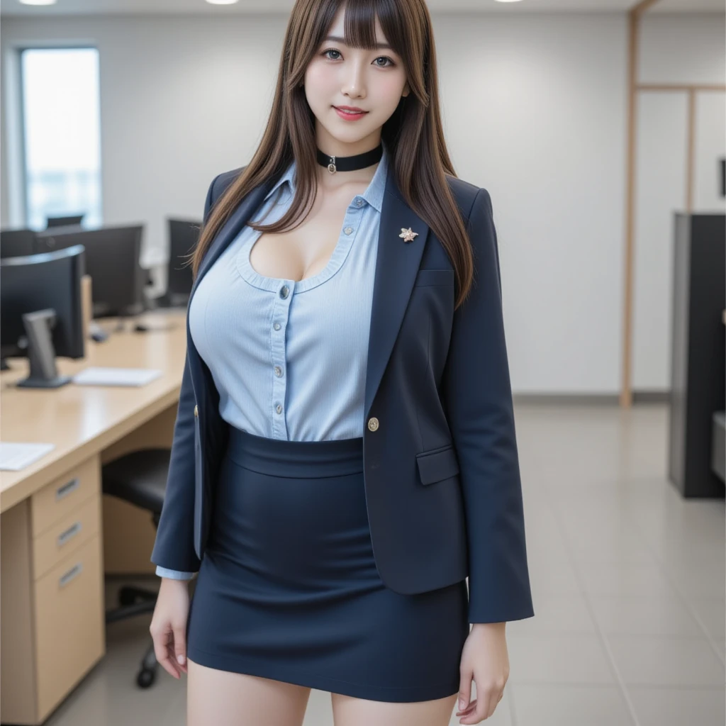  top quality、masterpiece、duo, 若い女性が officeに立っている、Lined up photos , On the left is dressed, Wear a bra on your right side、female secretary、(  navy blue jacket ,  light blue shirt,  Mini Skirt), Big Breasts , ((  Layered Haircut )),（8k，  top quality），  full body shot ，Shooting from a medium distance，  full-body portrait crossing the camera 、 Adorable， smile:2，Long straight brown hair, Slim face,  slender body , 32K, masterpiece,  top quality,  super high resolution,  touch the black choker  ,  blue eyes, bangs、  on the décolletage very wealthy long eyelashes 、Red Lip、 long foot、 high heels、 blue eyeshadow 、((Big Breasts))、  happy expression:2,  office、desk、document