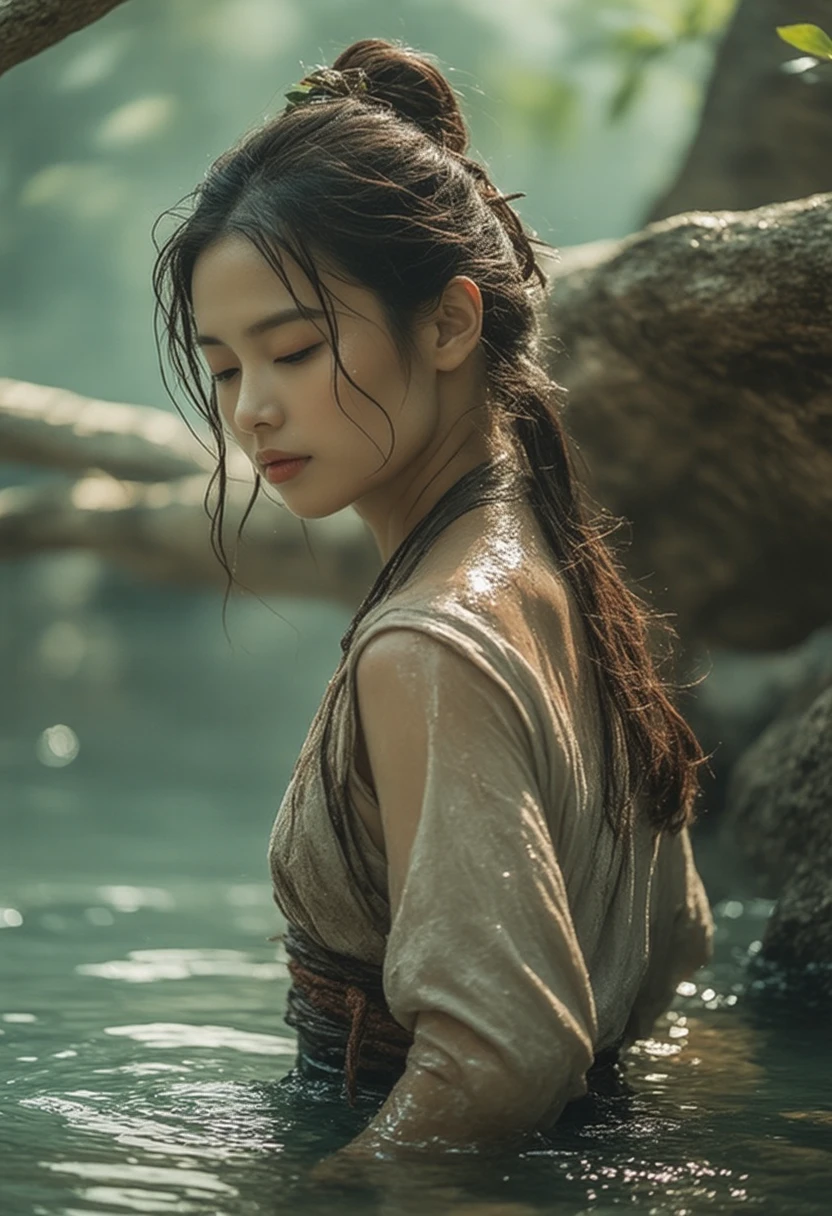 "A beautiful Balinese girl with wet, glistening hair under the morning sunlight, wearing a traditional towel wrap (kemben) and a neatly wrapped towel turban on her head. She stands by the edge of a clear, flowing river surrounded by lush tropical trees and serene natural scenery. Her eyes are gently closed, and her mouth slightly open, as if savoring the tranquility of the moment. Her hands softly hold the towel wrap, exuding a calm and graceful expression. The clear water reflects the soft light, while natural stones along the riverbank enhance the harmonious setting. The overall atmosphere radiates the exotic charm of Balinese tradition, blending seamlessly with the peaceful beauty of nature."