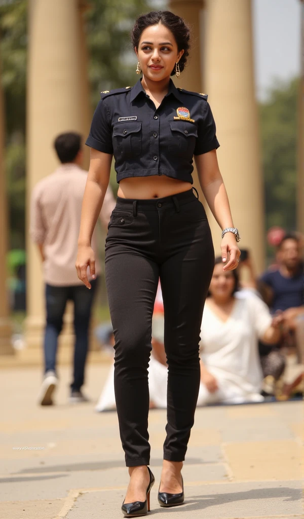 Side by side photo of a mallu flight attendant woman ,(island:1.3), jacket and pants, outdoors, fair skin,tall, seductive, detailed cute face, full lips, smiling, hyper realistic, ((skinny:1.0)), clothed, full body shot, visible navel, cleavage, bobcut