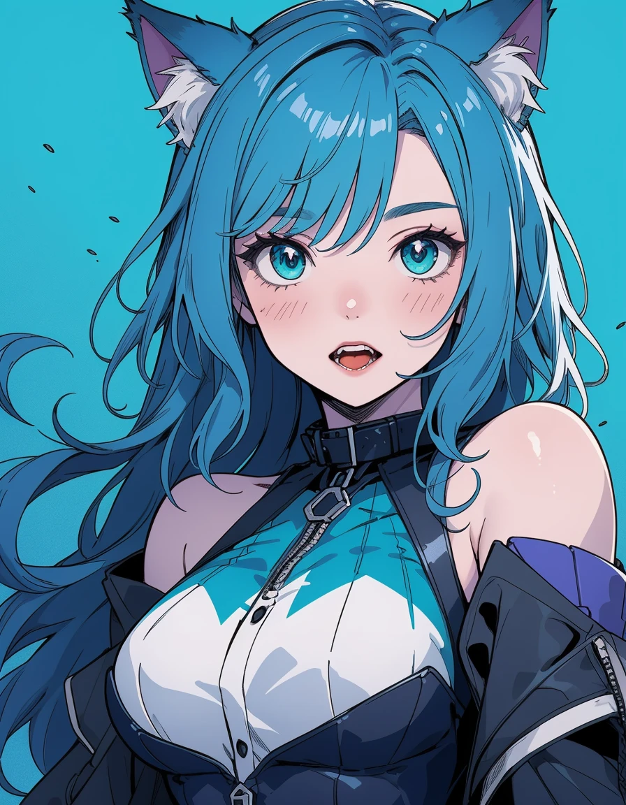 Elder Vampire, master piece, high quality illustration, digital art,4K, cat ear, pale skin, medium breasts, aqua colored eyes, blue and aqua color hair,