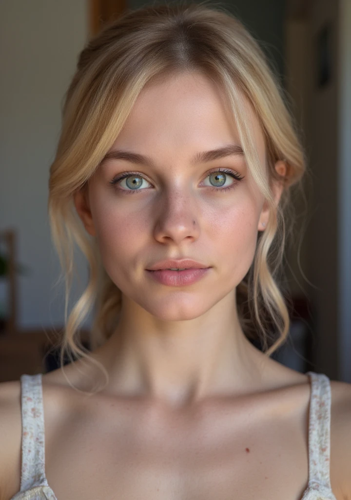 A highly realistic full-body representation of a young woman with fair skin, light blonde hair, and light freckles on her cheeks. She has striking light eyes (possibly blue or green), delicate facial features, and natural makeup with a subtle lip tint. She has cum on her face, naked NSFW