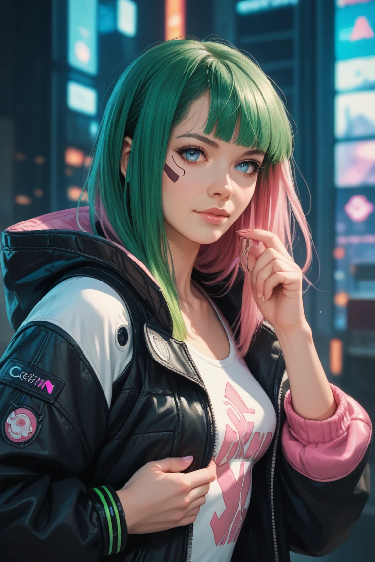 Women, Realistic character ,  green hair with pink locks, blue eyes, anime, Alone, Modern, cyberpunk