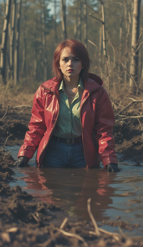 70s surreal setting, pale woman sinking stuck in sludge bog,victim ritual makeup. in completely bottoned tight rubber jacket only collar, and jeans, reeds,orgasm posing,