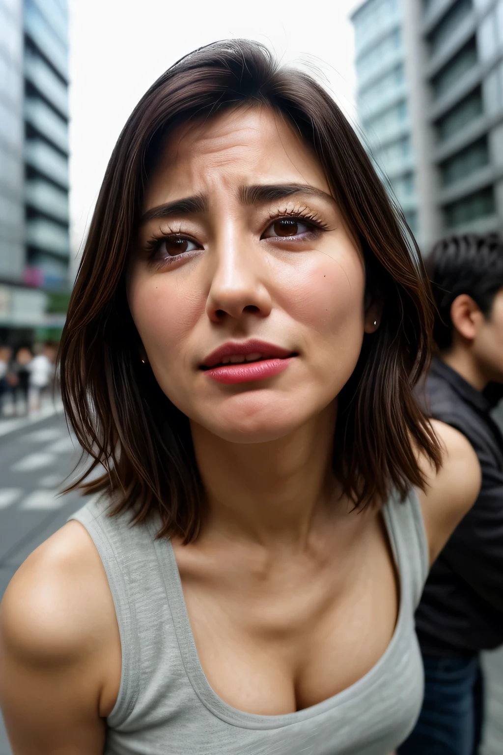    Beautiful Japanese Actress  ,  1 girl,Flying debris,,Award-winning works,   very detailed,   in front of the park's public restroom entrance , Nose and mouth,  face focus,  Put the egg behind your face and throat 、 Age 35,  brown hair、Symmetrical face, Insulated 、 angle from below、 Dilated C-shaped nostrils   ,(Sharp Nose)Sweaty skin、 oily skin ,(Brow wrinkles))（cum on tongue)、((  thin eyebrows))  oily skin  、  growing skin that doesn't depict nasal cavity 、  double eyelid、、  Beauty 、  medium hair up to buttocks 、  shortcuts 、  tank top in front of urinal , I can see the sky  、  Shibuya Center Street  、(((  Please show your side ,throw))),  raised eyebrows  , (((Hold your mouth, Frowning, Crazy, Frowning))), textured skin,Long upper arms,(( open eyes and cry, , Drunk, The face of durability)) squat, Big Breasts ,((  always raise your arms to show both sides))((Long arms,Frowningをする,Smelling  , Annoying ,   sad, sleepy, Frowning, The face of patience))