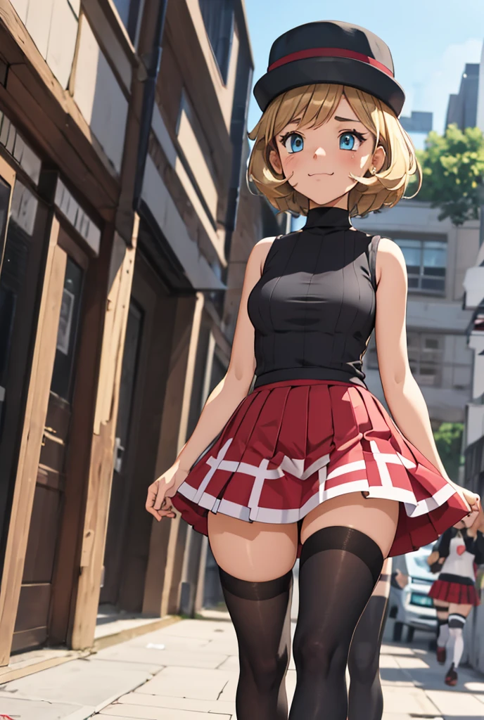 (masterpiece, best quality), 1girl,    pkmnserena, 1girl, solo, blue eyes, blonde hair, short hair, bangs, hat, grey headwear,, black shirt, turtleneck, sleeveless, red skirt, pleated skirt, black thighhighs, detailed eyes, innocent gaze, nervous, fearful, embarrassed, nervous smile, visible thighs, thick thighs, thighs in the foreground, walking