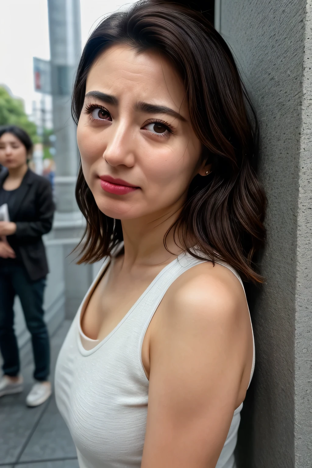    Beautiful Japanese Actress  ,  1 girl,Flying debris,,Award-winning works,   very detailed,   in front of the park's public restroom entrance , Nose and mouth,  face focus,  Put the egg behind your face and throat 、 Age 35,  brown hair、Symmetrical face, Insulated 、 angle from below、 Dilated C-shaped nostrils   ,(Sharp Nose)Sweaty skin、 oily skin ,(Brow wrinkles))（cum on tongue)、((  thin eyebrows))  oily skin  、  growing skin that doesn't depict nasal cavity 、  double eyelid、、  Beauty 、  medium hair up to buttocks 、  shortcuts 、  tank top in front of urinal , I can see the sky  、  Shibuya Center Street  、(((  Please show your side ,throw))),  raised eyebrows  , (((Hold your mouth, Frowning, Crazy, Frowning))), textured skin,Long upper arms,(( open eyes and cry, , Drunk, The face of durability)) squat, Big Breasts ,((  always raise your arms to show both sides))((Long arms,Frowningをする,Smelling  , Annoying ,   sad, sleepy, Frowning, The face of patience))