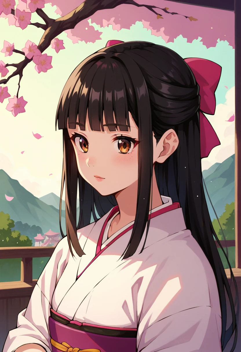 ryuga_sayo, black hair, long hair, blunt bangs, japanese clothes, hair bow, brown eyes, ribbon