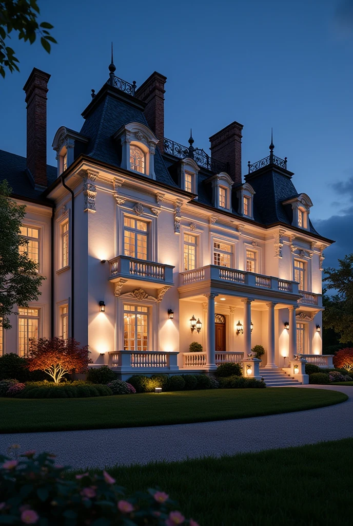 Prompt 1 (Main Building, Night):

[Grand multi-story mansion with a neoclassical design, illuminated at night, conveying opulence and grandeur], [Architectural visualization, photorealistic rendering], [Style reminiscent of French chateau architecture with ornate detailing], [Warm artificial lighting highlighting architectural details, a predominantly white color palette with dark accents, smooth stucco walls, ornate balconies and railings, landscaped gardens visible, high-resolution rendering, focus on the mansion with a shallow depth of field, nighttime setting with a clear sky], Overall Quality:
Photorealistic: The gold standard, aiming for indistinguishable from a photograph.
Realistic: Achieves a believable representation of the architecture, even if not perfectly photorealistic.
High-fidelity: Detailed and accurate, capturing the nuances of the design.
Low-fidelity: Simpler, perhaps conceptual, with less detail.
Stylized: Deliberately deviates from realism for artistic effect.
Abstract: Focuses on conveying the essence of the design rather than a literal representation.
High-resolution: Large image dimensions, allowing for detailed viewing and printing.
Low-resolution: Smaller image dimensions, suitable for web use or quick previews.
Lighting and Atmosphere:

Well-lit: Evenly and appropriately illuminated, showcasing the architecture effectively.
Dramatic lighting: Uses light and shadow to create a mood or highlight specific features.
Natural lighting: Accurately simulates sunlight and its effects.
Artificial lighting: Realistically depicts interior or exterior artificial light sources.
Ambient lighting: Creates a soft, overall illumination.
Atmospheric: Captures the mood and feeling of the environment (e.g., warm, cool, inviting).
Materials and Textures:

Realistic textures: Accurately represents the surface qualities of materials (e.g., wood grain, concrete texture).
Detailed materials: Captures the subtle nuances of materials.
High-quality materials: Uses 