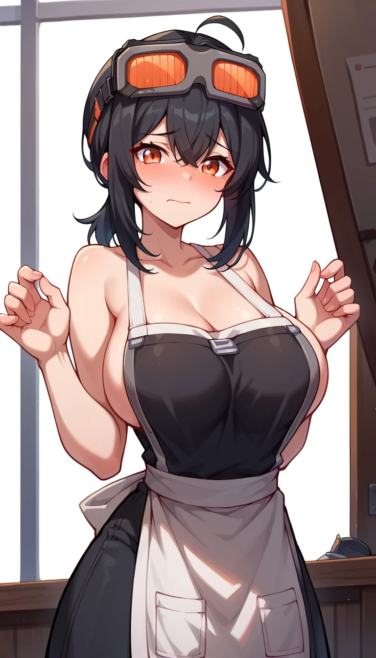 grace, orange eyes, black hair, short hair, low ponytail, ahoge, goggles on head, large breasts, embarrassed, Ashamed, Suspender Naked Apron