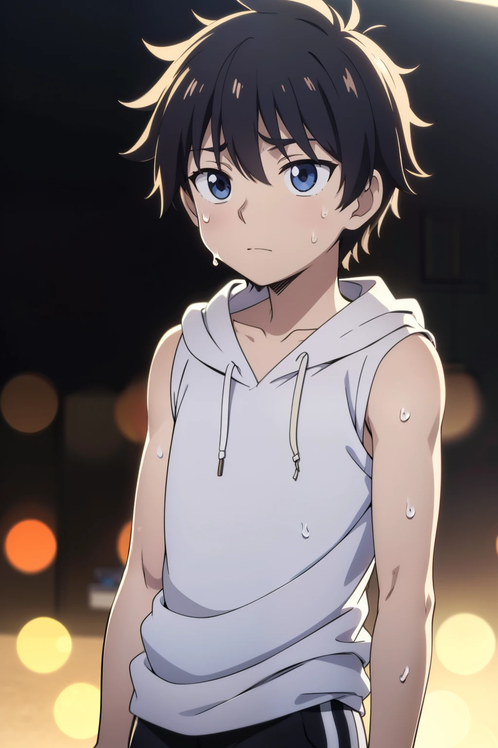 Highres, Masterpiece, Best quality at best,Best Quality,hight quality, hight detailed, 1boy, Shota, messy hair, sweat, upper body, Depth of field, Anime Screencap Style, Sleeveless hodie, Looks like an innocent boy, Seen from front, look good boy, Cute boy, (very small and short stature), (very young boy), boys, bokeh, Blurry beckground
