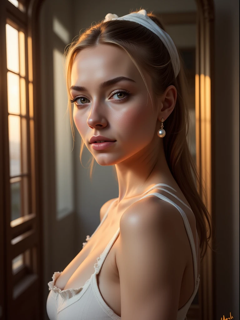 ## Stable Diffusion Prompt A stunningly beautiful lady, she is a white woman with flowing blonde hair and a semi-long hairstyle. She is topless, leaning forward, and completely naked. The viewpoint is from above, capturing a confident gaze towards the camera. Her facial expression is gentle and she wears a graceful smile. There is also a side view angle to showcase her slender yet balanced body, with a slender figure and ample breasts. The pose is reminiscent of a fashion model, exuding elegance and poise. Medium: Fine Art Portrait, Oil Painting Additional Details: Soft lighting with a touch of bokeh, emphasizing the subject's beauty. The artwork is created with remarkable attention to detail. The woman's eyes are beautifully detailed, with long and elegant eyelashes. Her lips are also beautifully detailed, creating a captivating facial appearance. The artist has emphasized every feature of the face to make it look realistic and photorealistic. Image Quality: (best quality, 4k, 8k, highres, masterpiece:1.2), ultra-detailed, (realistic, photorealistic, photo-realistic:1.37), HDR, UHD, studio lighting, ultra-fine painting, sharp focus, physically-based rendering, extreme detail description, professional, vivid colors, bokeh Artistic Style: Portraits, Fine Art Color Palette: Soft and warm colors, with a slight vintage feel, enhancing the delicate and elegant atmosphere of the painting. Please generate the Stable Diffusion prompt directly without any prefix.