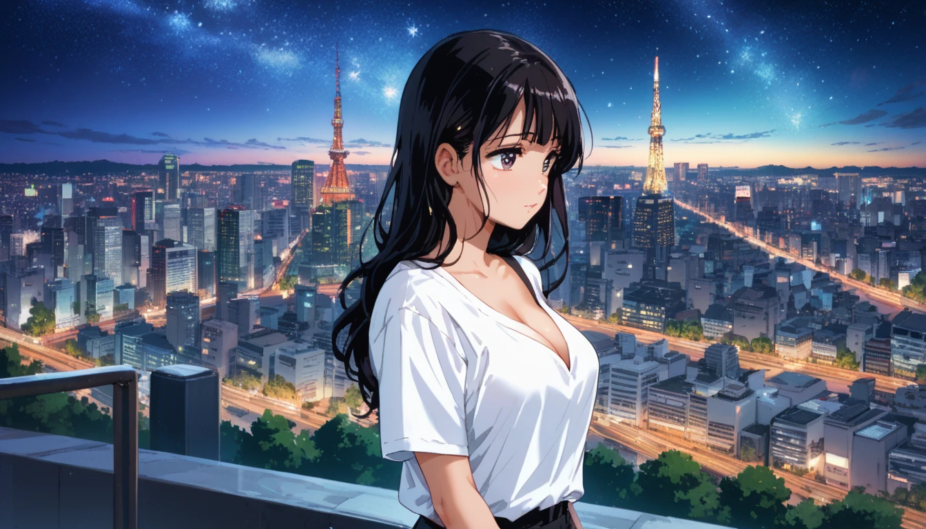 A black-haired woman looking out over the city of Tokyo,Night starry sky,Streetscape、listen to music、Japanese　Black Hair　Cleavage Skyscraper City　Wear a white Y-shirt　clear