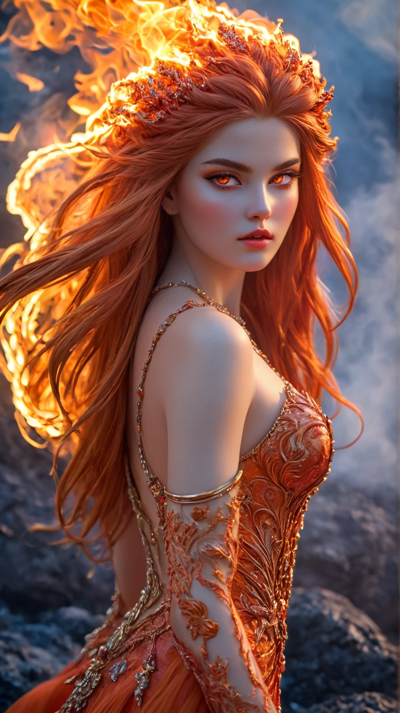  An unrealistically beautiful girl ,  with long fiery hair ,  with burning eyes , plump lips,  neat nose,  European face type , gorgeous figure,  standing in a fiery dress ,  patches of dress are burning with fire ,  beautiful artful flame jewelry, standing at the mouth of a volcano ,  Clear Detail , masterpiece, fantastic , unreal, ultra-realistic, 16K 