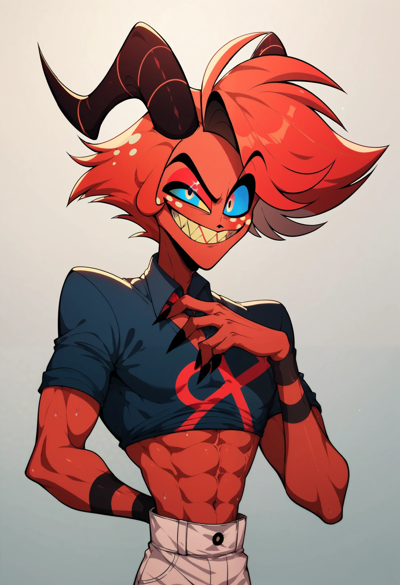 An hazbin hôtel character, with a red skin, a guy who seems angry, with black and with black horns (2d hazbin hôtel art style), a guy, blue eyes 