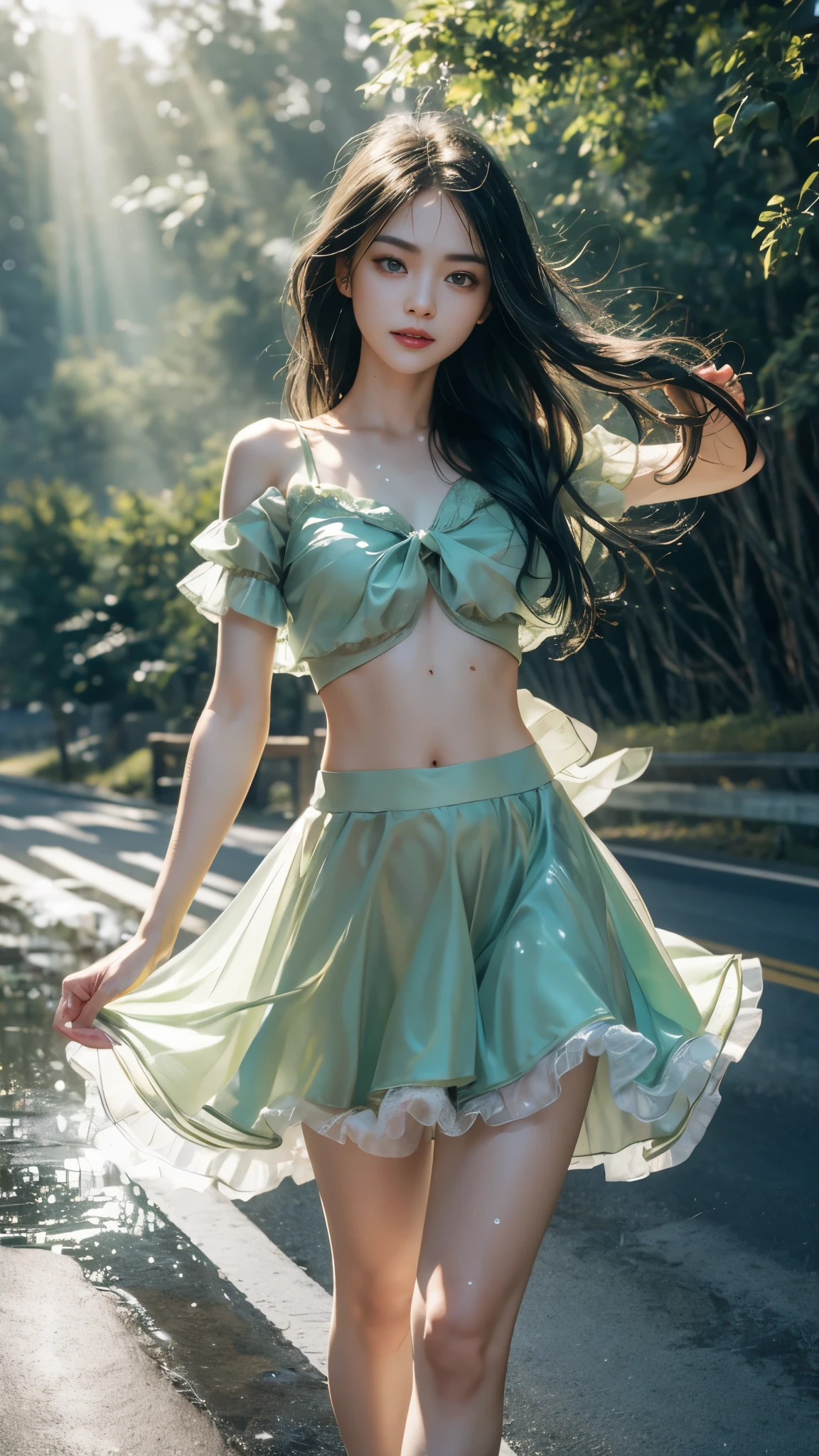 (Canon RF85mm f/1.2,best quality,HDR,Realisticity:1.4,Cinematic Lighting),(1 girl,fullbody,korean mixed,kpop idol:1.2,beautiful long_Slender_legs),(long_brown_wavy_hair),(lipstick,pink lips,pink_shiny_lips,pink_eyeshadow,eyelashes,powder_blusher,make-up),(white_shiny_skin,black eyes,Pore,skin texture,shiny),(necklace,earrings,bracelet,floral_tattoo on arm),big breasts,smile,dynamic angle,Dynamic pose,((A dramatic sunset over a mountain range, Vector Illustration, Peony, profound, Goya, A tornado warning with the sky turning green and the winds picking up)),((Embellished bustier top and tulle A-line skirt with delicate beading)),