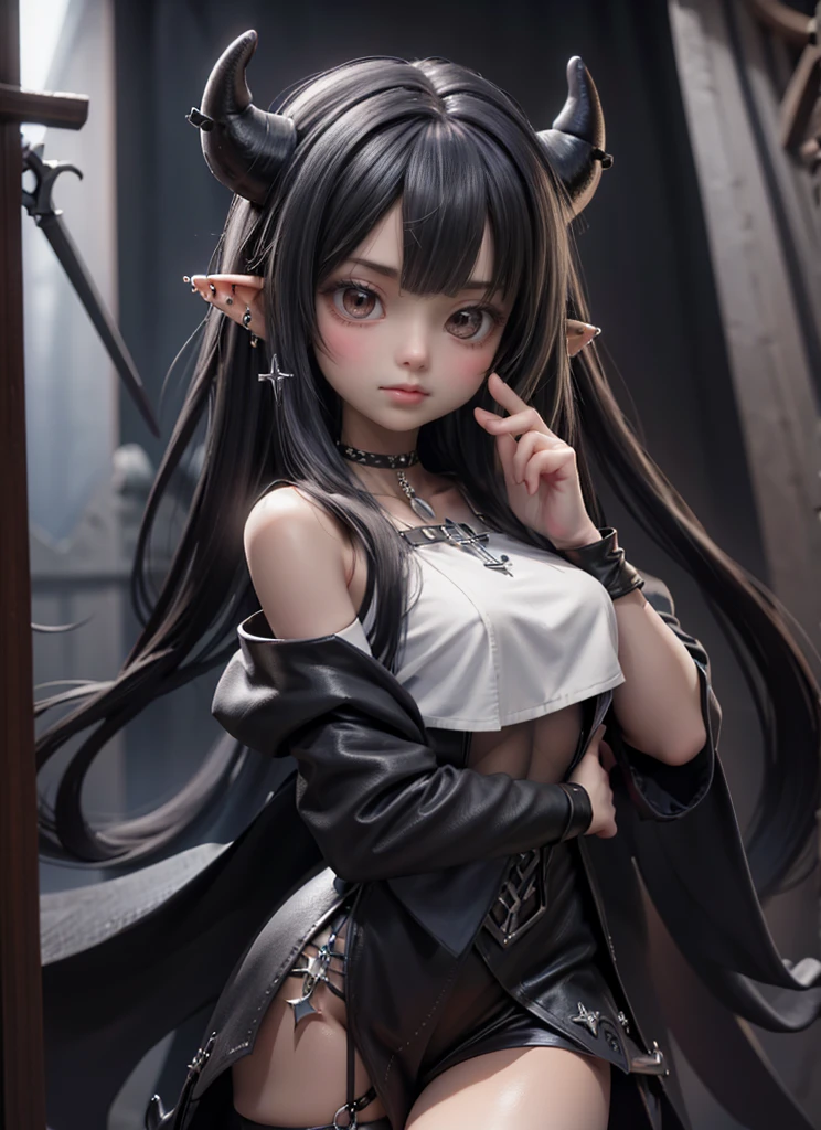 A girl with short horns & straight, long tail & pointed at the end, slightly long fangs, long blue-black hair, completely white eyes, without the pupil, también de piel black, not brunette, black, a silver choker with an inverted silver cross, three silver perforations, a septum & two piercings in each corner of the lower lip silver earrings in the elf ears.