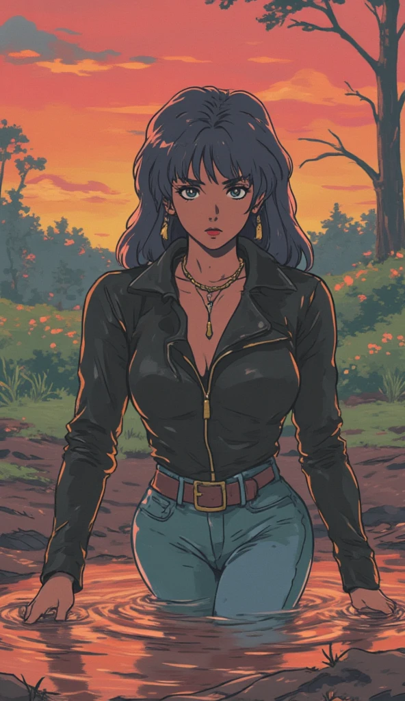 1970s retro anime illustration, 70s surreal setting, pale woman sinking stuck in sludge bog,ritual victim makeup. completely bottoned collar-only tight vinyl jacket, jeans, reeds,