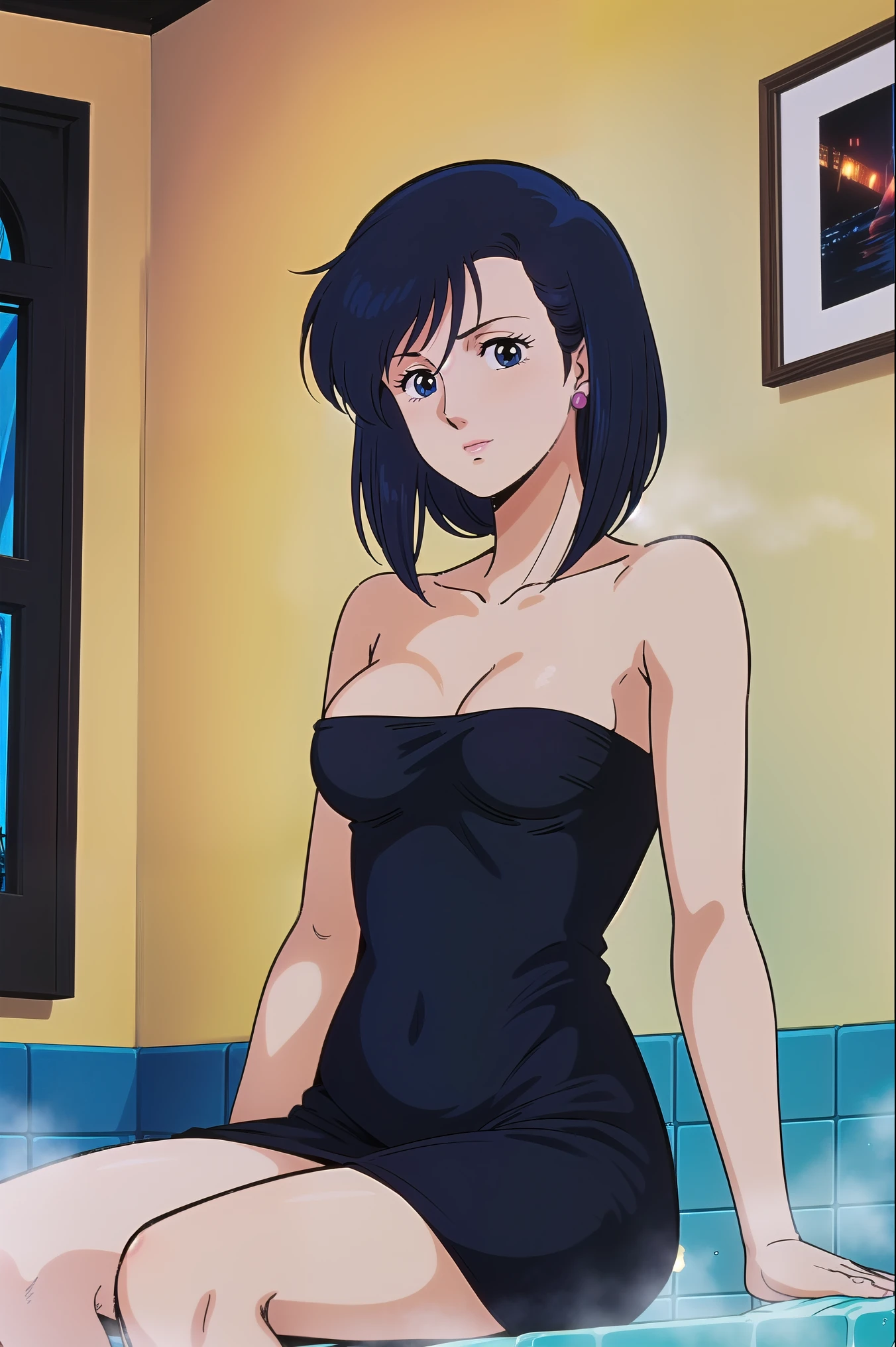 saeko nogami, ( black dress :1.3), (Small but shapely breasts), (Red cheeks:1.2), (Sitting on the bed and waiting for a man:1.5), ( adult sex appeal:1.3), ( cleavage), ( I'm inviting a man to have sex with him taking off his bath towel:1.3), ( bedroom), ( hotel ), (night:1.3), (cowboy shot),  score_9,  score_8_superior,  score_7_superior,  source_anime, (best quality:1.2), 細部までこだわったanime,  high quality, full color, 8k, natural body shape,  high definition , nsfw