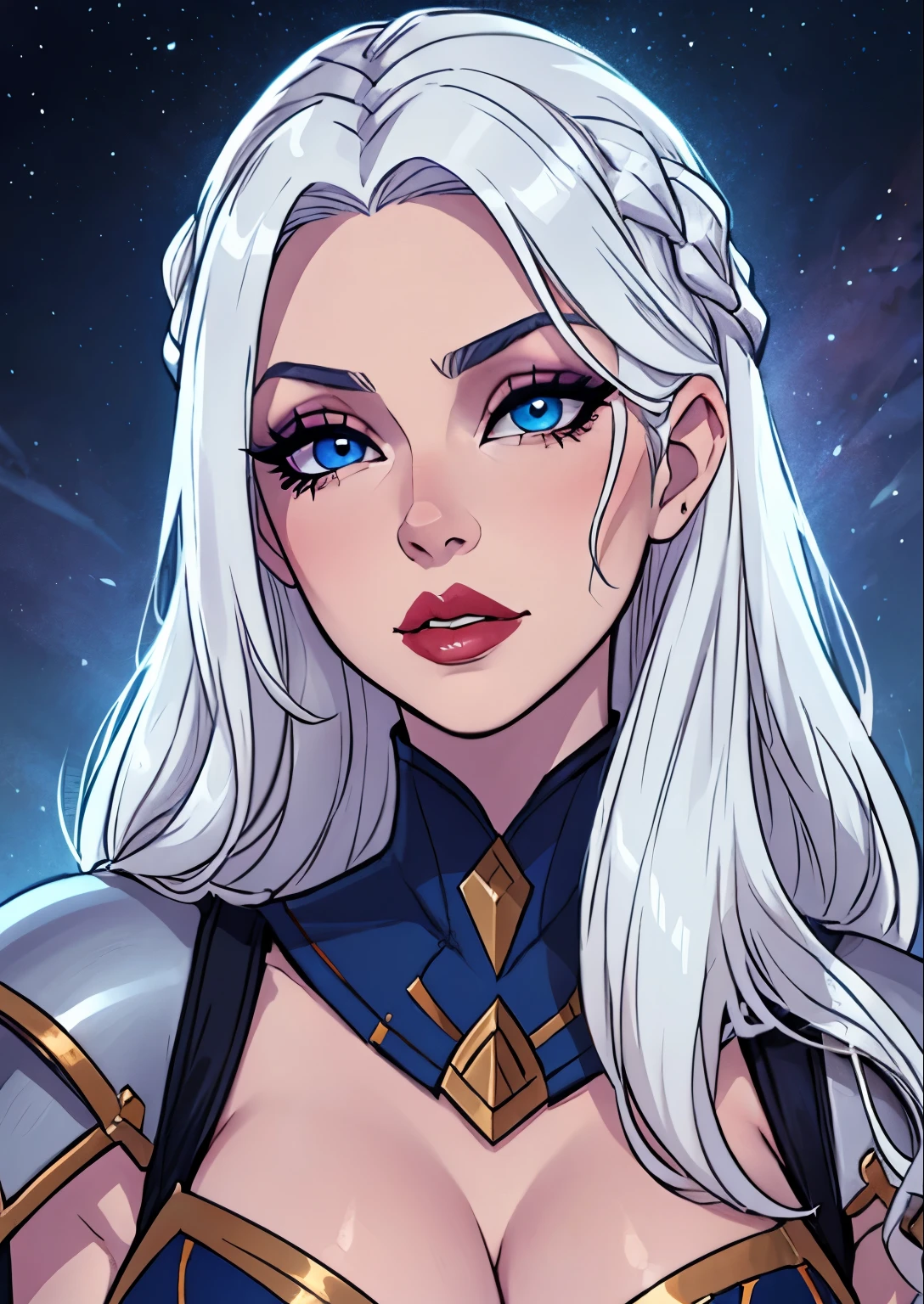 masterpiece, best quality, 1female, beautiful, face portrait, deep makeup, 1girl, face focus, long hair, white hair, lipstick, ashe \(league of legends\), makeup, pale skin, straight hair, blue eyes, braided hair