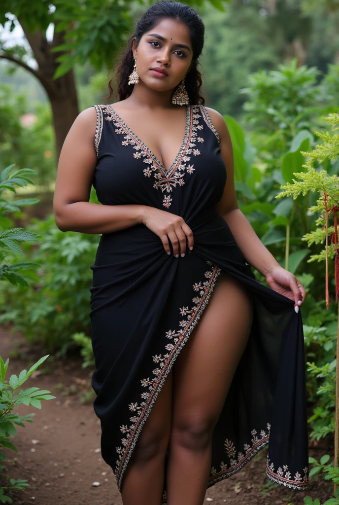 A curvy woman from Kerala, wearing a black Muslim dress, holding the lower part of her short dress up to her waist, showing her bare deep thighs and legs, barefoot, standing in a garden.