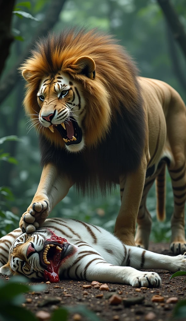 Lion standing on a dead hiena that it fought