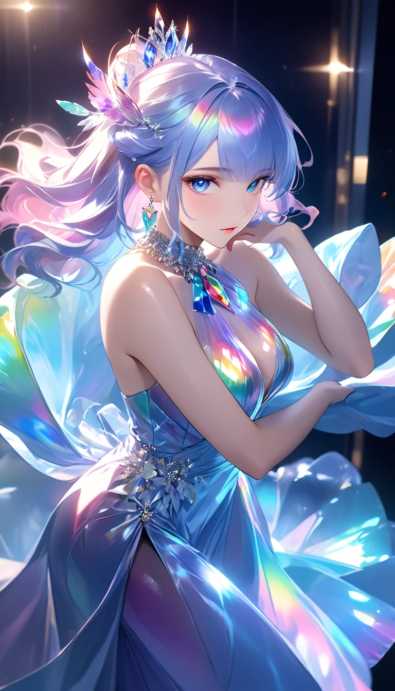 A princess wearing a blue dress inspired by the gemstone sapphire　Sapphire background　Sparkling　gorgeous