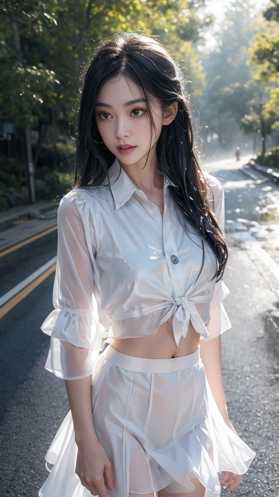 (RAW Shooting, Photo realism:1.5, 8K, best quality, masterpiece, Ultra-high resolution), Perfect dynamic composition:1.2, night, Street corner, look up at the sky:1.3, (((Typhoon Heavy Rain))), Highly detailed skin and facial texture:1.2, Slim high school gets wet in the rain:1.3, Sexy Beauty:1.2, Perfect style, beautiful and aesthetic, White skin, Very beautiful face, (Raindrops falling on me:1.2, Wet hair:1.3, wet school uniform:1.2), Water droplets on skin, (Medium bust, chest gap), (Awkward smile, Your facial expression when you feel a strong touch, Happy facial expressions), (Beautiful blue eyes, Feeling beautiful eyes erotic:0.8), (Too:0.9, Charm:0.9), Small bag, Cowboy shooting, Perfect limbs, Perfect fingers