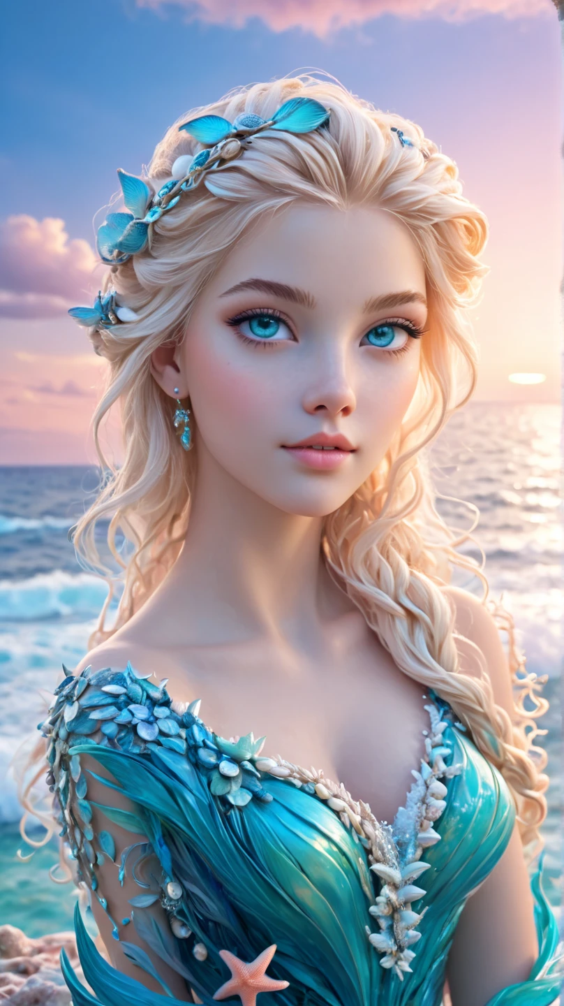  An unrealistically beautiful blonde ,  with long hair ,  with ocean eyes  , transition from dark blue to turquoise , lively eyes , plump lips,  neat nose, blush,  European face type , gorgeous figure, mermaid,  beautiful detailed shiny sea-colored tail , shiny scales,  sea decorations in the form of sea stars on her neck and hair ,  sits on a rock surrounded by a raging ocean with white foam , in the background a fantastic sunset , x} soft pastel pink-peach shades of sky and fluffy clouds, white gulls fly ,  Clear Detail , masterpiece, fantastic , unreal, ultra-realistic, 16K 