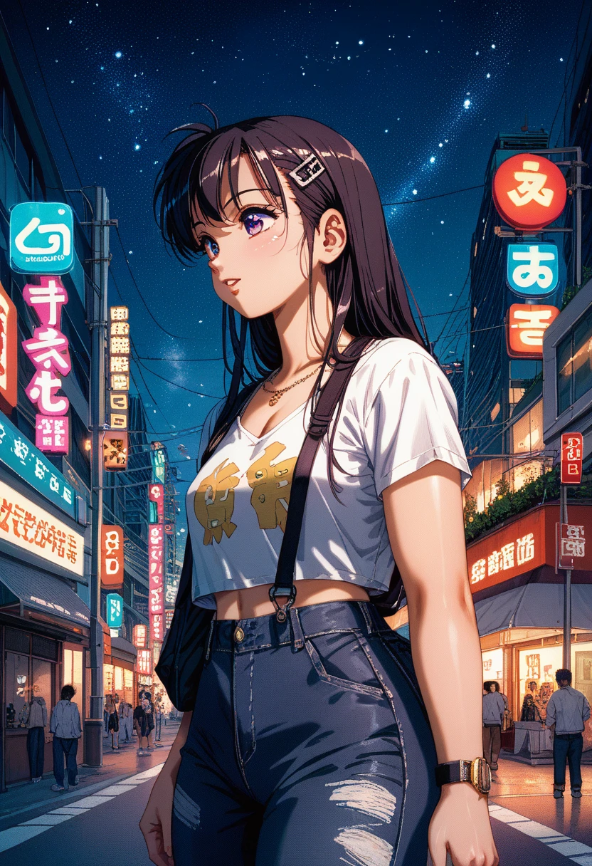  dark-haired woman overlooking the city of Tokyo 、Night starry sky、Streetscape、listen to music、Japanese dark hair cleavage 、City of skyscrapers、 wearing a white Y shirt clear
