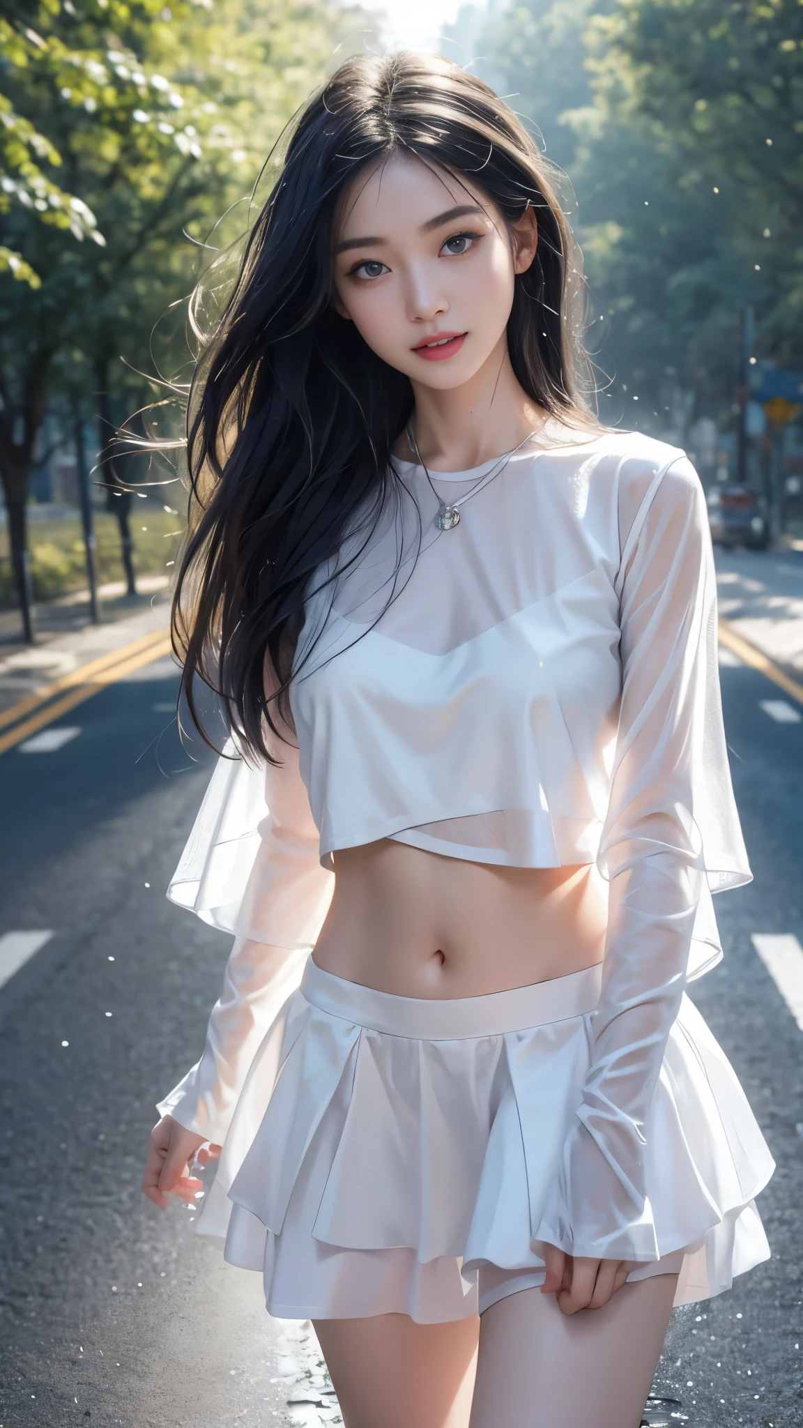 (Masterpiece, realistic, high resolution), (1 girl): 1.2), Chinese, ((black wavy hair): 1.3), (heterochromic eyes: 1.1, thick eyebrows), tie, (white transparent shirt, white transparent sports shorts), ((medium breasts): 1.3, thighs), outdoor, blue sky and white clouds