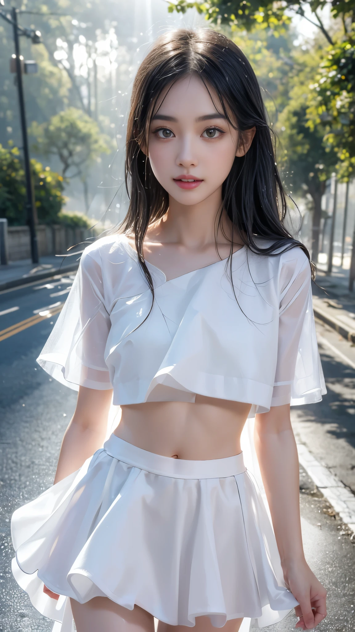 best qualtiy， tmasterpiece， 1girll， beauitful face， （photograph realistic：1.3）， edge lit， （highdetailskin：1.2）， 8K  UHD， digital SLR camera， high high quality， A high resolution， 4K， 8K， Bokeh， absurderes， Optimal proportions of four fingers and one thumb， （realisticlying：1.3）， Cute 1girl， dressed in a white t-shirt， mediuml breasts， Short white dress
