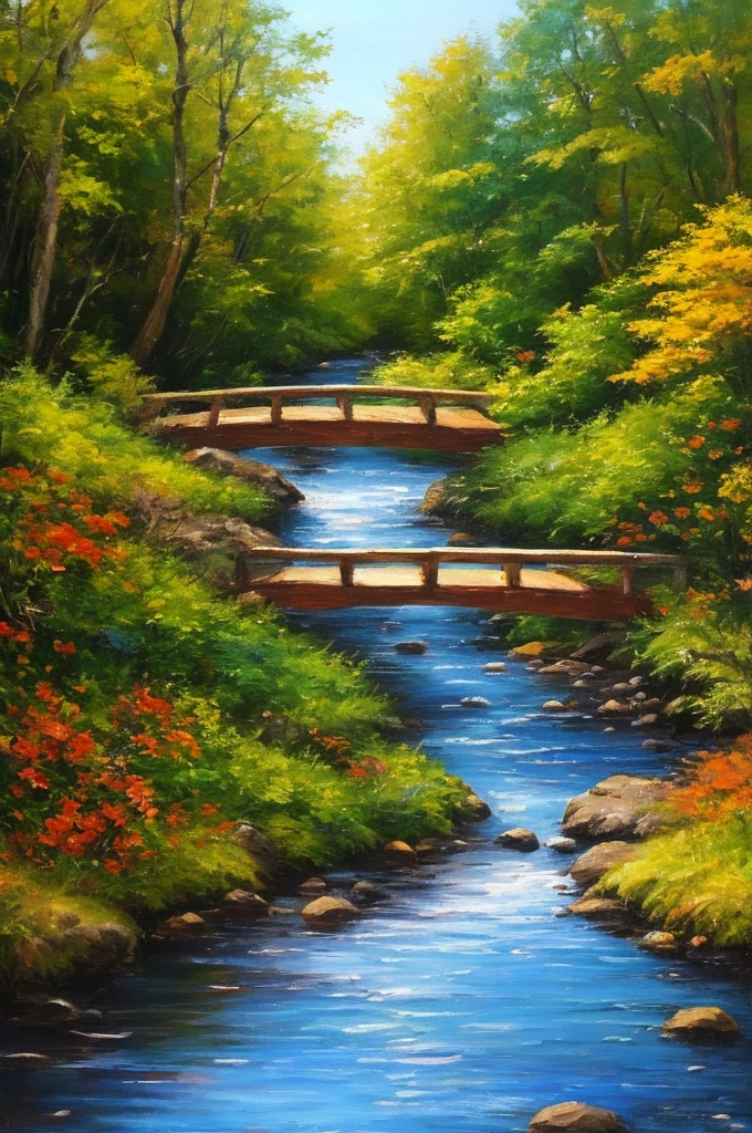 Painting a small bridge by a stream, background woods, realistic replies, whimsical art, oil painting style, ultra high definition,