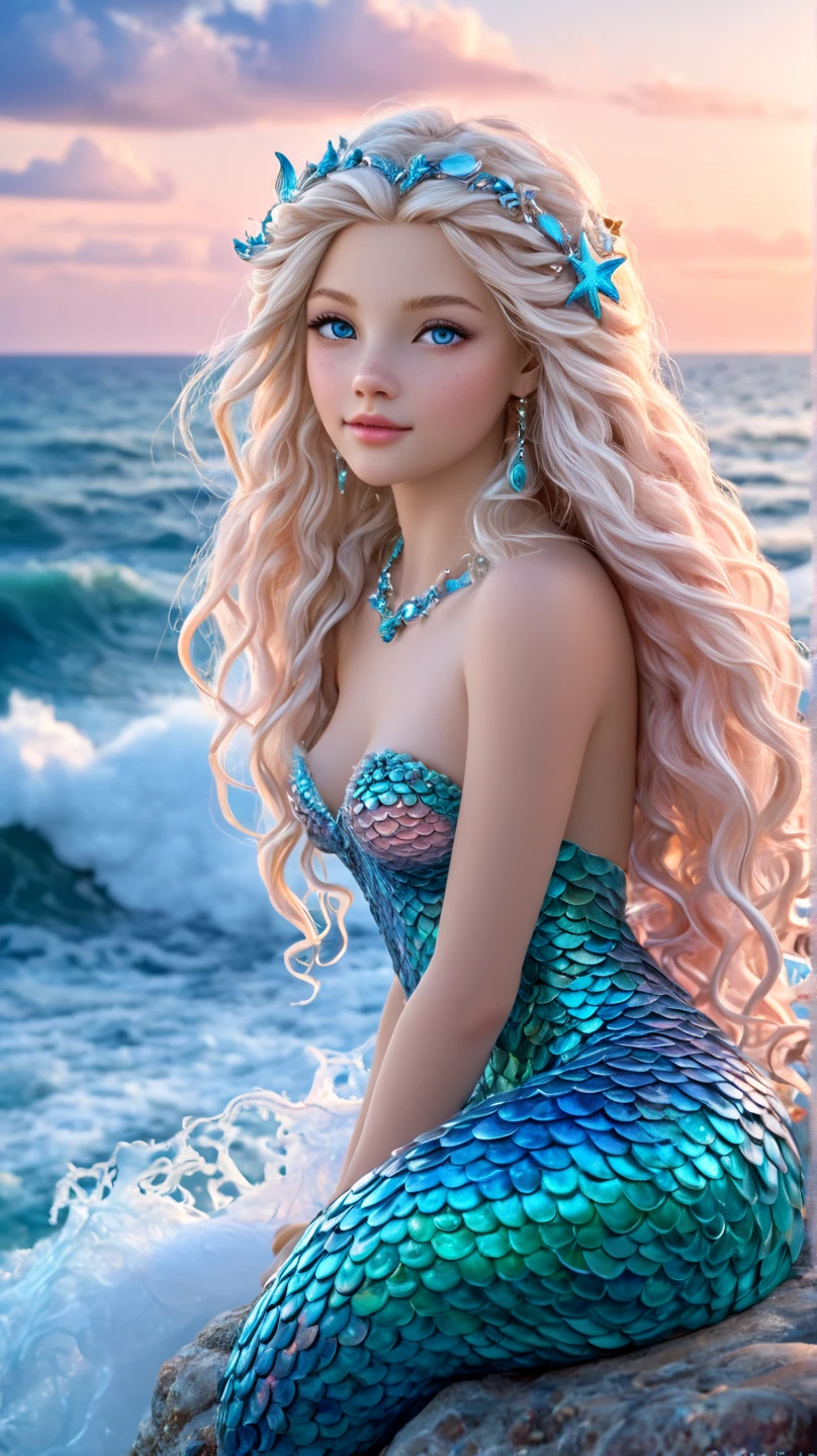  An unrealistically beautiful blonde ,  with long hair ,  with ocean eyes  , transition from dark blue to turquoise , lively eyes , plump lips,  neat nose, blush,  European face type , gorgeous figure, mermaid,  beautiful detailed shiny sea-colored tail , shiny scales,  sea decorations in the form of sea stars on her neck and hair ,  sits on a rock surrounded by a raging ocean with white foam , in the background a fantastic sunset , x} soft pastel pink-peach shades of sky and fluffy clouds, white gulls fly ,  Clear Detail , masterpiece, fantastic , unreal, ultra-realistic, 16K 