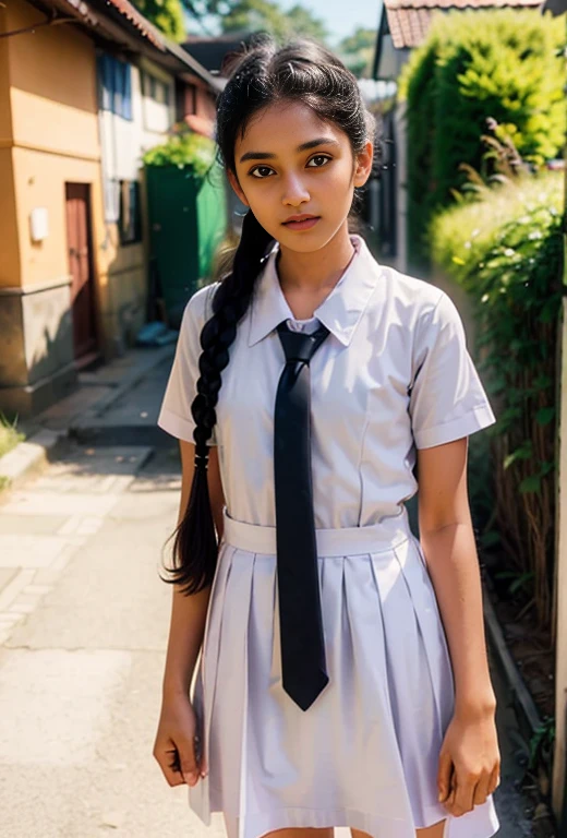 Raw photo , 1 girl  ,Wearing white frock and color tie, white shoes ,sri lanka teen school girl, with plait , professional photographer, (hdr:1.4), masterpiece, ultra-realistic 8k, perfect artwork, intrincate details, cute face, award winning photograph, (Best quality, 8k, 32k, Masterpiece, UHD:1.3) ,