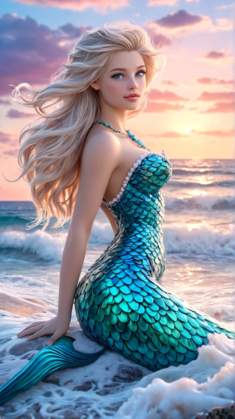  An unrealistically beautiful blonde ,  with long hair ,  with ocean eyes  , transition from dark blue to turquoise , lively eyes , plump lips,  neat nose, blush,  European face type , gorgeous figure, mermaid,  beautiful detailed shiny sea-colored tail , shiny scales,  sea decorations in the form of sea stars on her neck and hair ,  sits on a rock surrounded by a raging ocean with white foam , in the background a fantastic sunset , x} soft pastel pink-peach shades of sky and fluffy clouds, white gulls fly ,  Clear Detail , masterpiece, fantastic , unreal, ultra-realistic, 16K 