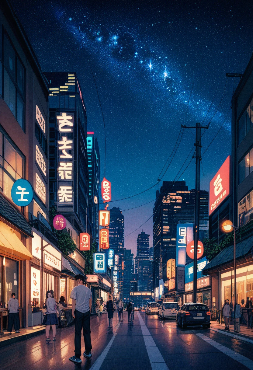  dark-haired woman overlooking the city of Tokyo 、Night starry sky、Streetscape、listen to music、Japanese dark hair cleavage 、City of skyscrapers、 wearing a white Y shirt clear
