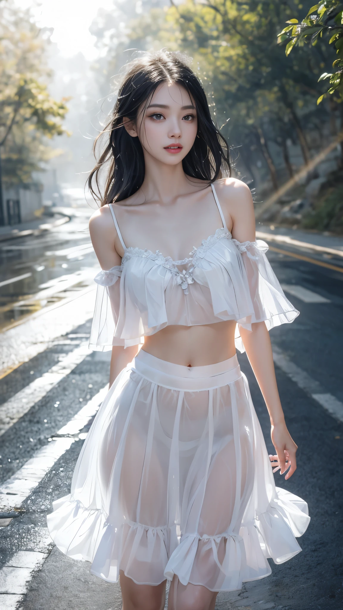 Highest quality,Realistic,masterpiece,detailed,High resolution,Cute , (masterpiece, best quality, dynamic angle), full body shot, (nsfw:1.4), (in Greg Hildebrandt style:1.4), (masterpiece:1.2), (Top quality, masterpiece, super high resolution, (photorealistic:1.4), raw photo, depth of field, professional lighting, perfect anatomy, very detailed), ((High school girl walking in railway park)), ((Wet white blazer)), ((Semi-transparent white blouse, red bow tie, dark blue checked skirt)). 40k, photo, table top, best quality, dark gray background, ((Beautiful eyes, wet brown pale short-haired girl,. White skin, versatile pose. ((Medium chest, :1.1)), best quality, table top, ultra high resolution, (realistic:1.4), RAW photo, (Perfect figure), (Slim:1.3), Slim abdomen, Perfect slim figure, Dynamic pose, (((Large:0.9))), alone, cold light 12000K, highly detailed face and skin texture, fine eyes, realistic eyes, beautiful and fine eyes, (Realistic skin), charm, ultra high resolution, ultra realistic, highly detailed, ((She is wet)), ((Wind blows her skirt)), (Lifts her skirt), ((Shows white lace panties))