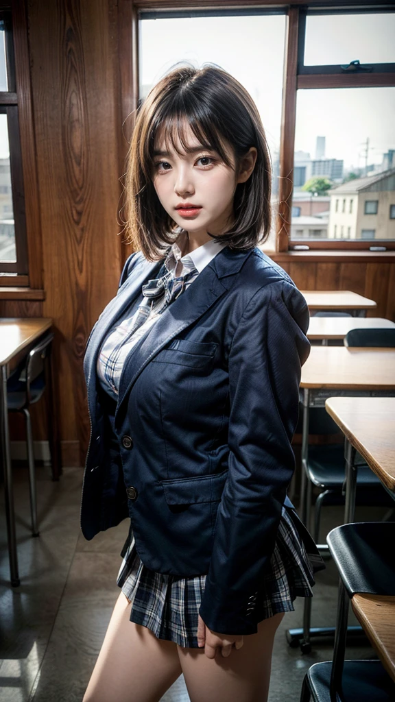 masterpiece, best quality, illustration, Super detailed, fine details, High resolution, 8K,wall paper, perfect dynamic composition,(Details High quality, realistic depiction of eyes:1.3), from side, High School Classroom、High school girl uniform、blazer 、Super Short Check Uniform Skirt、Navy blue high socks、garterbelts、Large swollen breasts, Disturbed uniform,  short bob hair, black hair color, huge breasts, Big Natural Color Lip, bold sexy pose, perfect body shape, crying a little、cold gaze, Harajuku style、20 year old girl、cute type, beautiful legs, hposing Gravure Idol