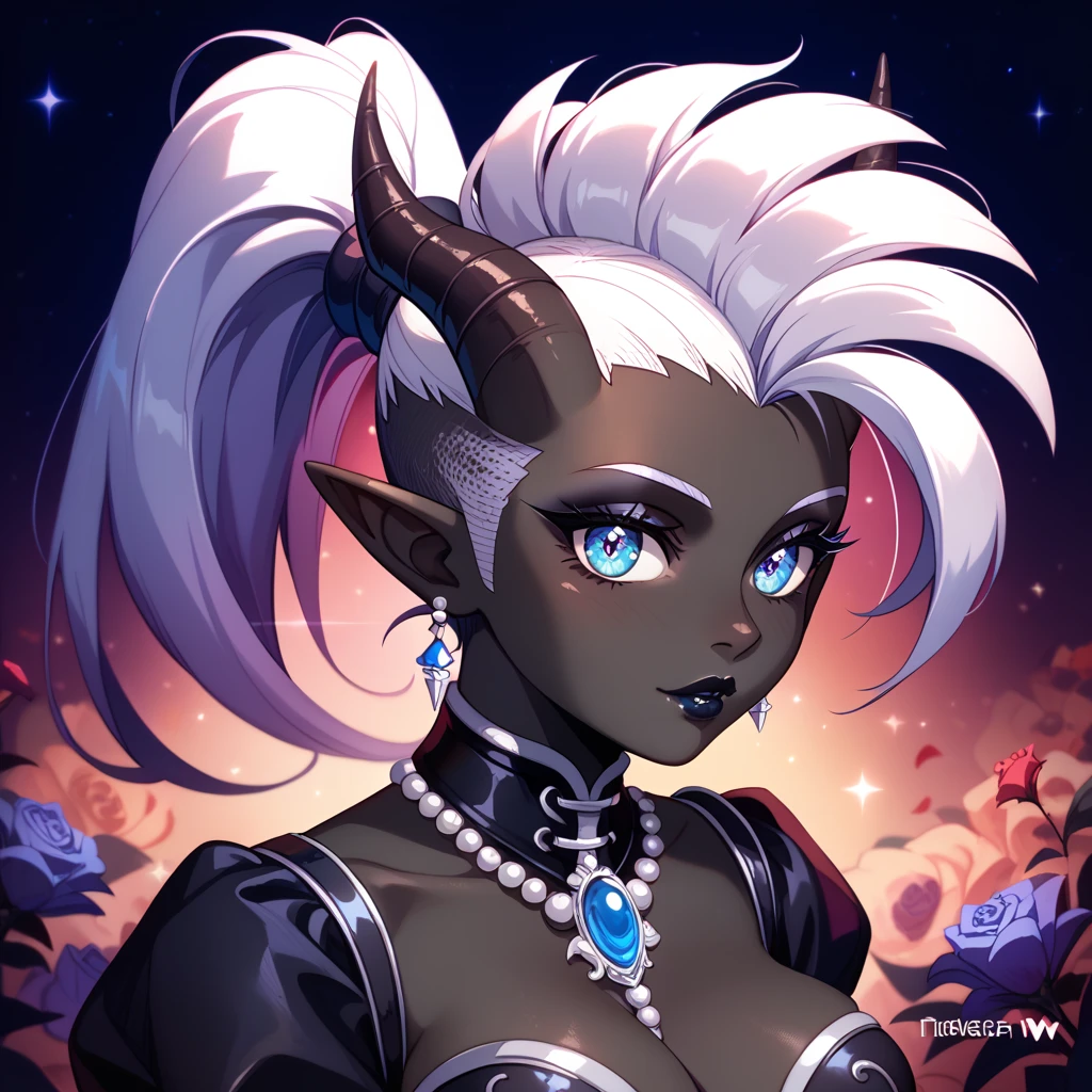 score_9, score_8_up, score_7_up, ((Masterpiece)), ((highres)), ((1girl, solo)), Random poses, beautifully detailed succubus girl, ((white mohawk w/ponytail)), defined elf ears with ear guages, defined eyes, pastel iris, long eye lashes, defined nose, black lipstick, curvy, (((Black skin))), black demon horns, breasts, night sky, pastel gothic style, gothic style art, gothic asthetic, (((beautiful gothic background))), bust shot
