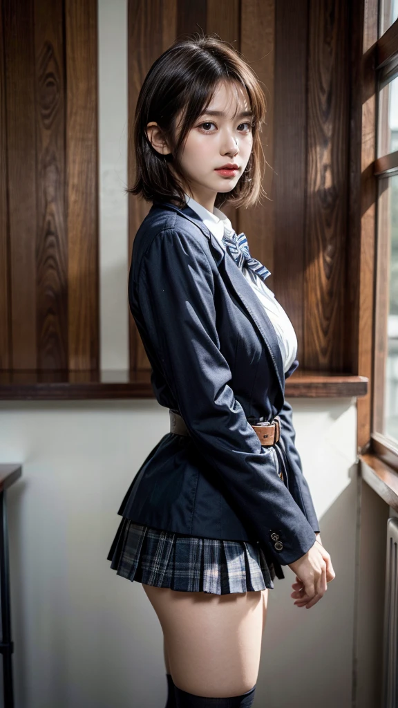 masterpiece, best quality, illustration, Super detailed, fine details, High resolution, 8K,wall paper, perfect dynamic composition,(Details High quality, realistic depiction of eyes:1.3), from side, High School Classroom、High school girl uniform、blazer 、Super Short Check Uniform Skirt、Navy blue high socks、garterbelts、Large swollen breasts, Disturbed uniform,  short bob hair, black hair color, huge breasts, Big Natural Color Lip, bold sexy pose, perfect body shape, crying a little、cold gaze, Harajuku style、20 year old girl、cute type, beautiful legs, hposing Gravure Idol