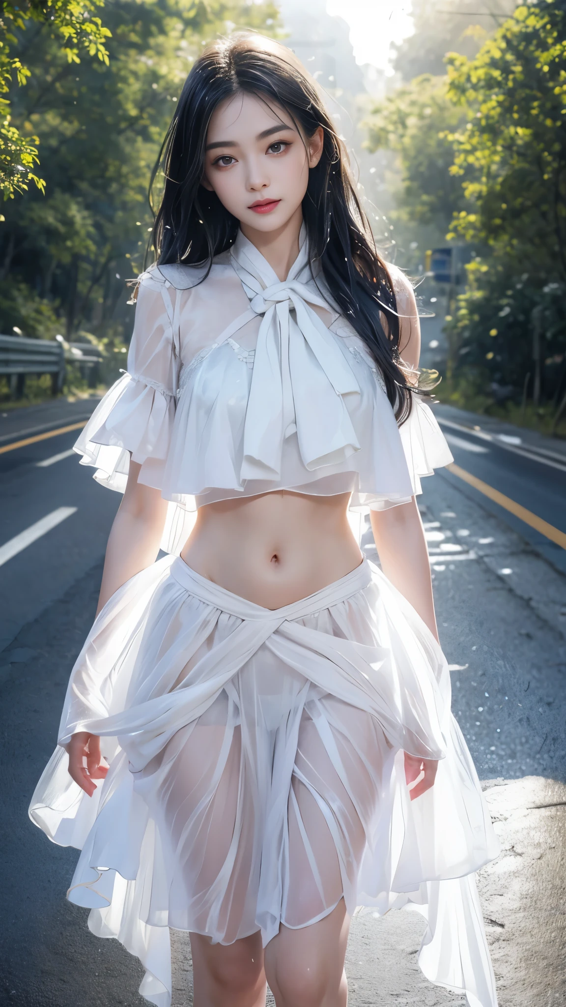 ((((Best Quality, 8K, 32K, masterpiece, 1.2)))),{{solo}},nsfw,{{{Artist: Michiking's style}}},((perfect beautiful face:1.2)),wearing , windy skirt, showing panties, embarrass, see through panties, ((a lot of public hairs:1.3)),