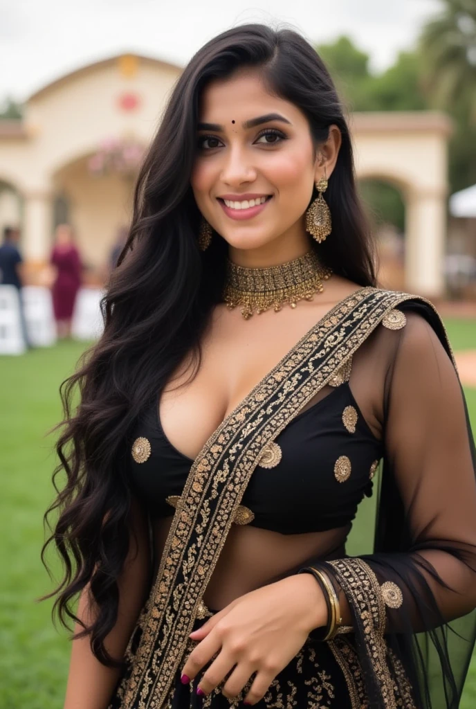 The image depicts a indian woman in a traditional Indian attire, likely a black lehenga, which is a type of skirt.she is showing her hot navel,navel hole is big.The lehenga sits low on her waist, revealing a perfectly sculpted midriff with a prominent navel featuring a slightly larger navel hole. exposing breast, The outfit is black with gold detailing, and she has paired it with large, dangling earrings and a choker-style necklace. Her hair is long and black, and she has freckles and she is wearing makeup that includes dark eyeliner and pink lipstick. She is smiling and appears to be posing for the photo ,capture complete body from head to toe. The background suggests an outdoor setting, possibly a luxurious wedding, indicated by the presence of a flowers and a stage with people around. The lighting seems to be artificial, coming from a source outside the frame.,Extremely Realistic.,navel,navel,MrunalThakurFlux, ((lehenga)),sunny,tamannaah,rasha, (((lehenga)))