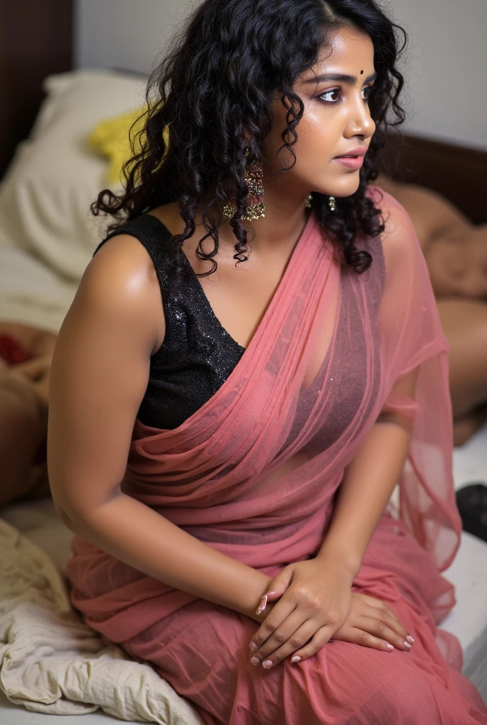 Photo of a  Indian mature curvy woman Wearing a Pink Transparent Saree, Wet Body, Semi Nude and Large Breasts deep clevage exposed, Hair Messed up, Bed Messed up, Sitting on Bed with Legs raised, Looking outside the window, A Nude Fat Old Man sleeping behind her, Girl Looks tired, Dim Light in the room.