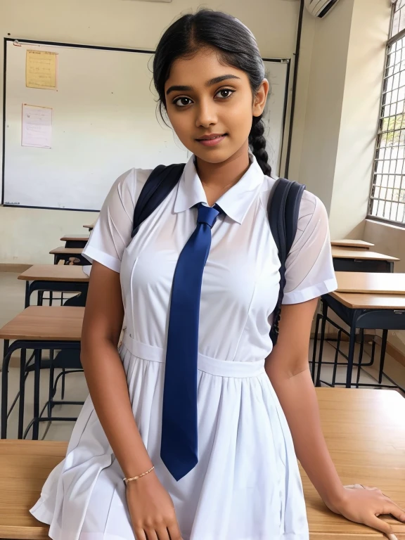 Raw photo , 1 girl ,Wearing white frock and color tie, white shoes, (( girl studying on on in the classroom)), with plait, biggest breasts size , professional photographer, (hdr:1.4), masterpiece, ultra-realistic 8k, perfect artwork, intrincate details, cute face, award winning photograph, (Best quality, 8k, 32k, Masterpiece, UHD:1.3) ,