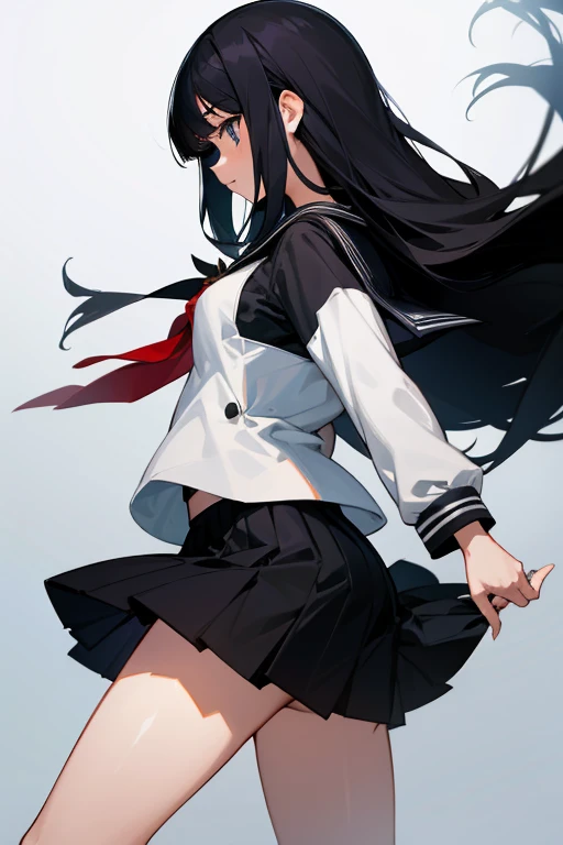 Black hair, bangs, curtained hair, crossed bangs, Long hair, Messy hair, pony tails, Very long hair, Black hair, bangs, curtained hair, crossed bangs, Long hair, Messy hair, pony tails, Very long hair, Big hair, ((Long leather boots)), hair ear, hair tying, hair flaps, widow peak, head gear, Hair ribbon, kanzashi, hairpods, white hair ribbon, Moles under eyes, Raised eyebrows, eyeball, Evil smile, crazy, Shy, scowling, jitome, gloom (expression), Seductive smile, anime big breast, Minimalism, Anime style, anime big breast, Minimalism, Anime style, angle of view, From above, hyper HD, retinas, Masterpiece, ccurate, Textured skin, Super detail, High quality, High details, Award-Awarded, Best quality, A high resolution, 16k, hyper HD, retinas, Masterpiece, ccurate, Textured skin, Super detail, High quality, High details, Award-Awarded, Best quality, A high resolution, 16k((Cute Sailor Suit))((Old cityscape background))