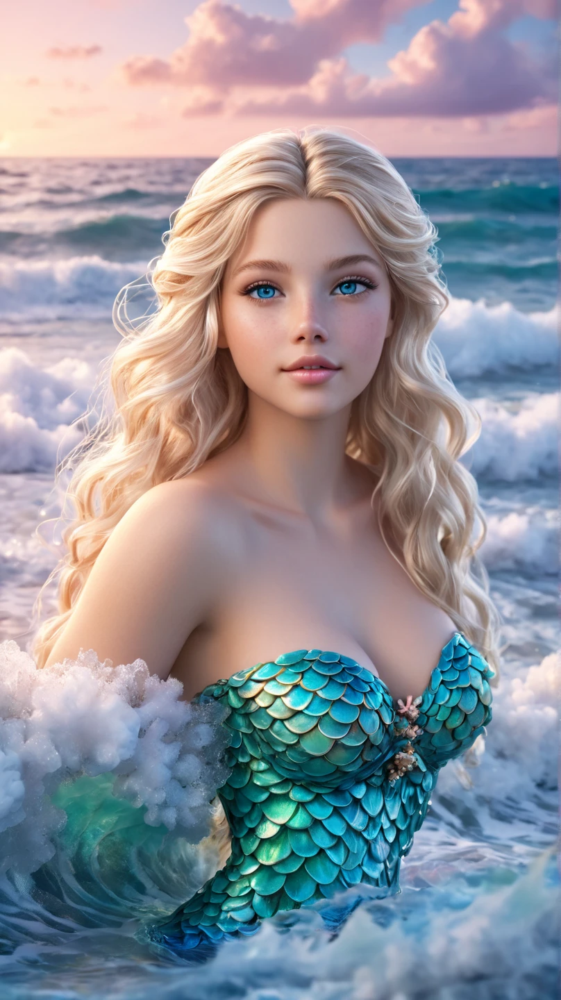 ultra-realistic,  An unrealistically beautiful blonde ,  with long hair ,  with ocean eyes  , transition from dark blue to turquoise , lively eyes , plump lips,  neat nose, blush,  European face type , gorgeous figure, mermaid,  beautiful detailed shiny sea-colored tail , shiny scales,  sea decorations in the form of sea stars on her neck and hair ,  sits on a rock surrounded by a raging ocean with white foam , in the background a fantastic sunset , x} soft pastel pink-peach shades of sky and fluffy clouds, white gulls fly ,  Clear Detail , masterpiece, fantastic , unreal, ultra-realistic, 16K 