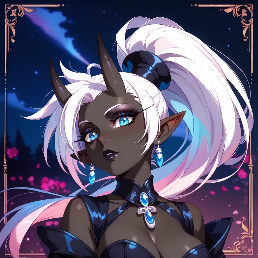 score_9, score_8_up, score_7_up, ((Masterpiece)), ((highres)), ((1girl, solo)), Random poses, beautifully detailed succubus girl, ((white mohawk w/ponytail)), defined elf ears with ear guages, defined eyes, pastel iris, long eye lashes, defined nose, black lipstick, curvy, (((Black skin))), black demon horns, breasts, night sky, pastel gothic style, gothic style art, gothic asthetic, (((beautiful gothic background))), bust shot
