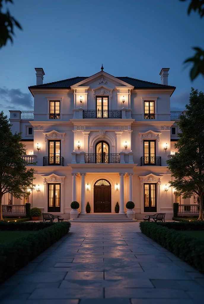 Prompt 3 (Different Angle, Night):

[Grand multi-story mansion with a neoclassical design, viewed from a slightly different angle at night, conveying opulence and grandeur], [Architectural visualization, photorealistic rendering], [Style reminiscent of French chateau architecture with ornate detailing], [Warm artificial lighting highlighting architectural details, a predominantly white color palette with dark accents, smooth stucco walls, ornate balconies and railings, landscaped gardens visible, high-resolution rendering, focus on the mansion with a shallow depth of field, nighttime setting with a clear sky], Variations: You could further refine these prompts by specifying:

Specific architectural details: Mention the type of columns, the style of the windows, or the materials used (e.g., "marble columns," "arched windows with intricate detailing," "stucco facade").
Landscape elements: Describe the landscaping in more detail (e.g., "lush tropical gardens," "manicured hedges," "fountains").
Lighting: Specify the type of lighting used (e.g., "warm incandescent lighting," "accent lighting highlighting architectural features").
Time of day: While all are nighttime, you could specify "deep twilight" or "early evening." 
Camera angle: Specify the camera angle (e.g., "low-angle shot emphasizing the height of the building," "wide-angle shot showcasing the entire property"). Overall Quality: Photorealistic: The gold standard, aiming for indistinguishable from a photograph. Realistic: Achieves a believable representation of the architecture, even if not perfectly photorealistic. High-fidelity: Detailed and accurate, capturing the nuances of the design. Low-fidelity: Simpler, perhaps conceptual, with less detail. Stylized: Deliberately deviates from realism for artistic effect. Abstract: Focuses on conveying the essence of the design rather than a literal representation. High-resolution: Large image dimensions, allowing for detailed viewing and printing. Low-resolution: Small