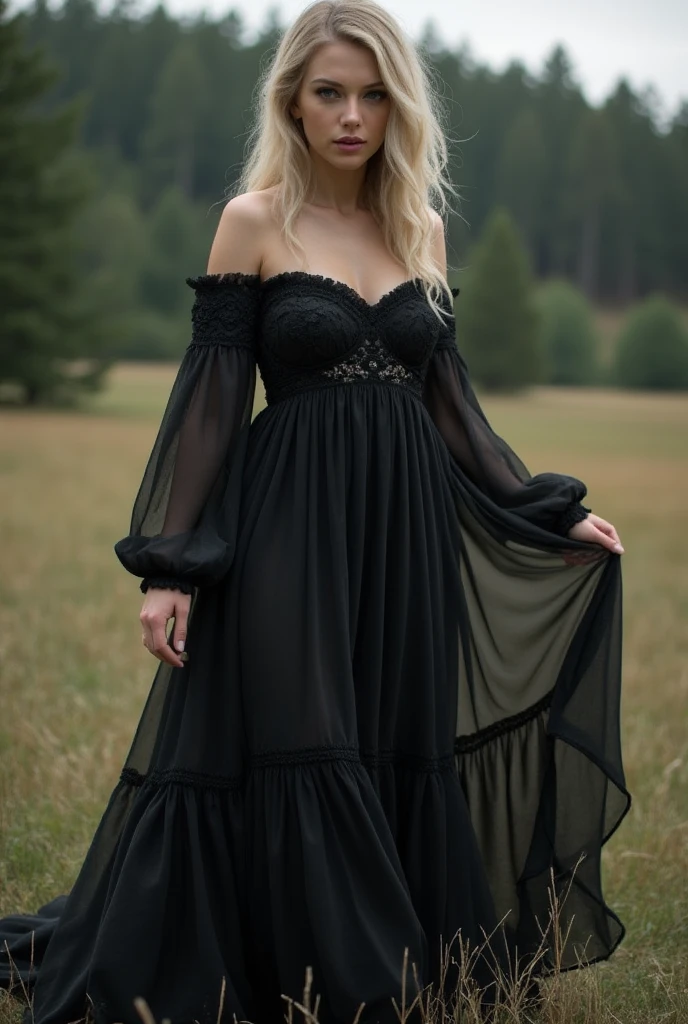 Taylor Swift folklore dress black with long flowy sleeves
long  white loose-fitting, flowy dresses paired with unique one-of-a-kind blouses 
